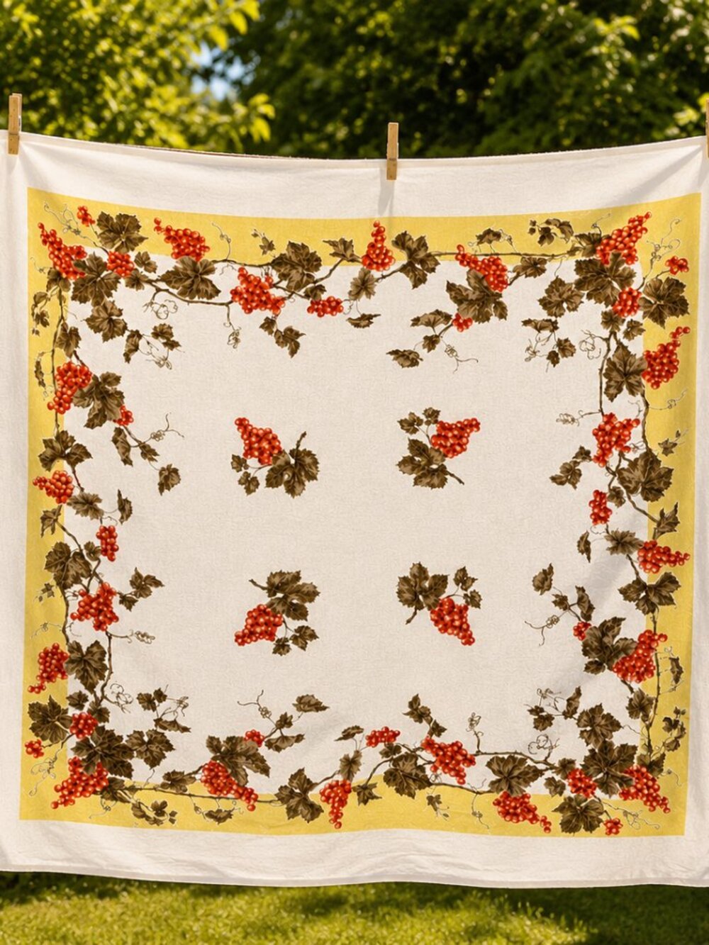 Vintage White and Yellow Grape Print Cotton Tablecloth 43 x 43 inch